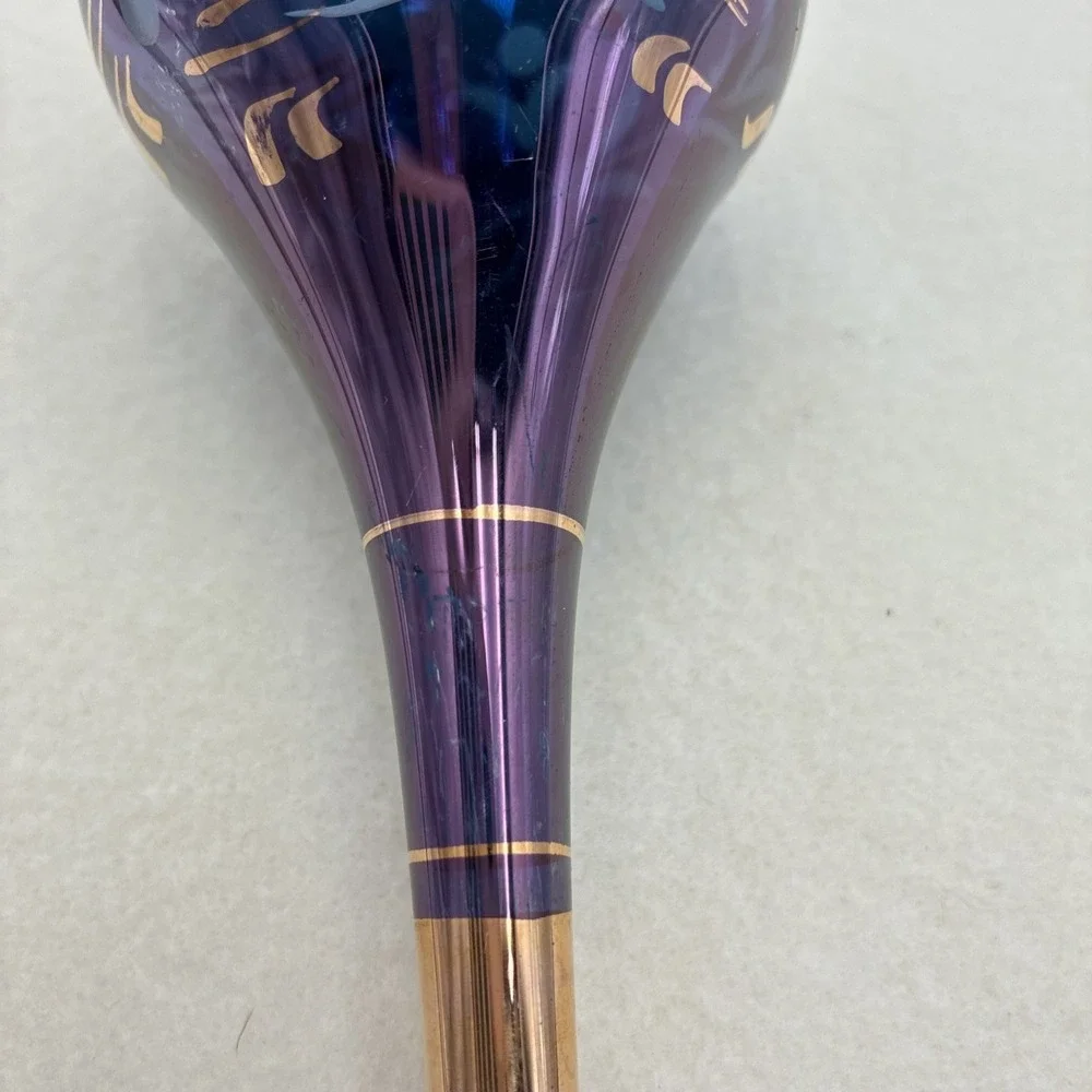 Vintage Purple Iridescent Hand Blown Glass Teardrop Ornament Gold Floral 8.5